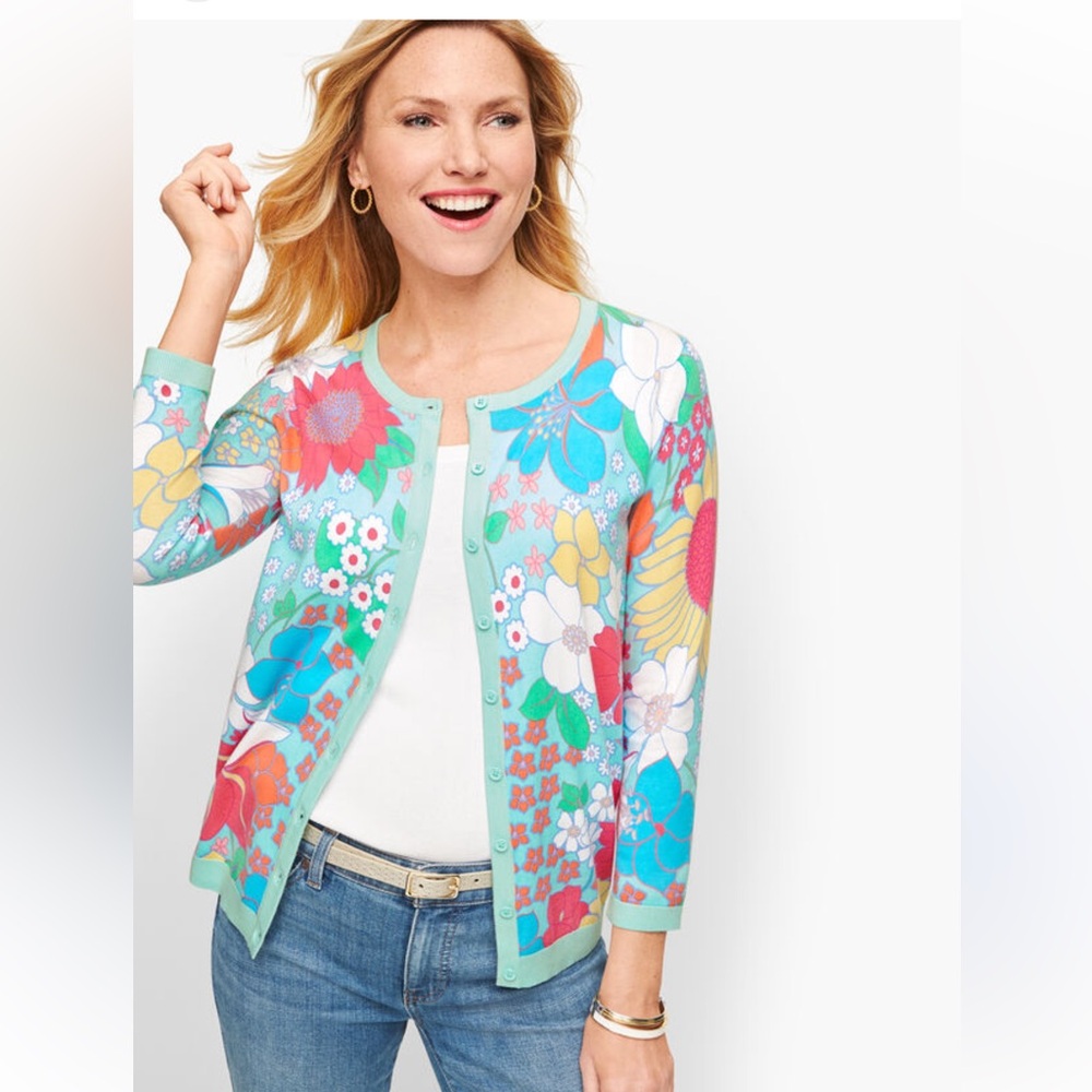 New Talbots Charming Garden Vivid Floral Cardigan Blue Size Medium